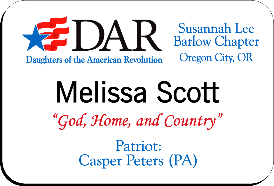 Susannah Lee Barlow Chapter - NSDAR Name Badge - White w/ Color
