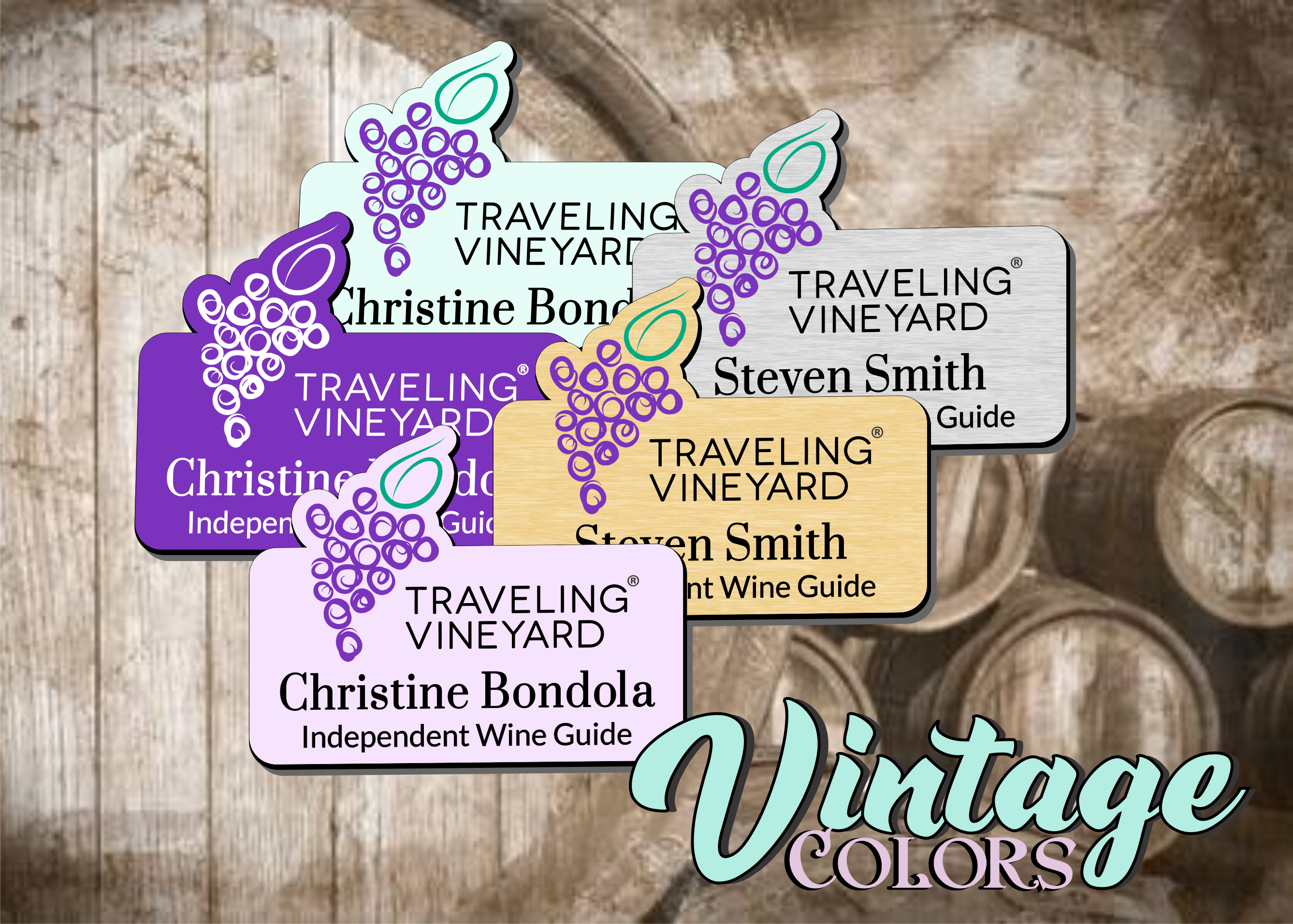 Traveling Vineyard Name Badges - Vintage Colors